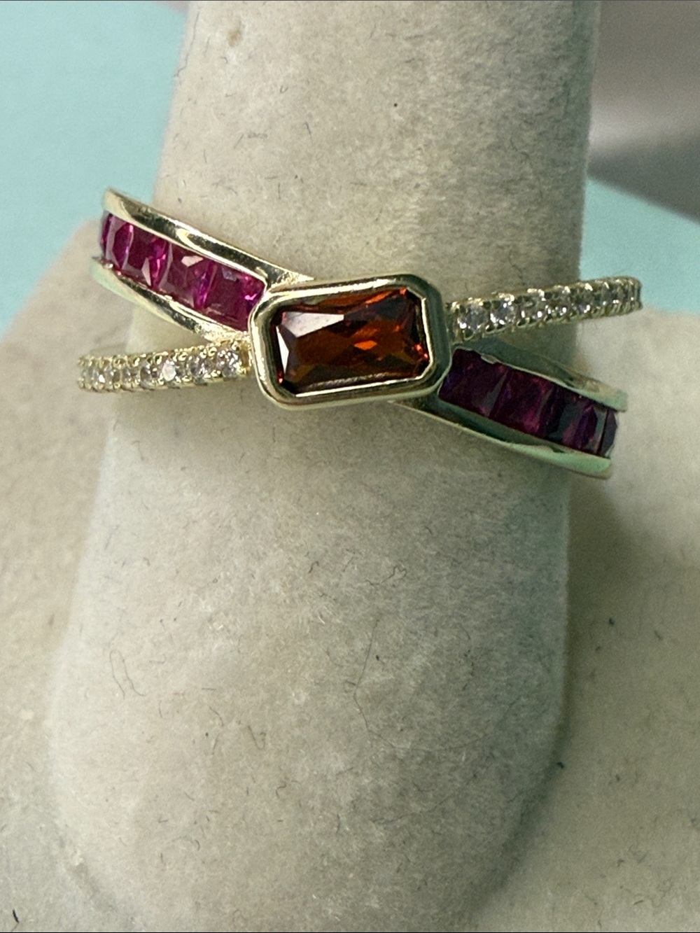 Sterling Silver Gold Ring with Garnet with Hot Pink Accents